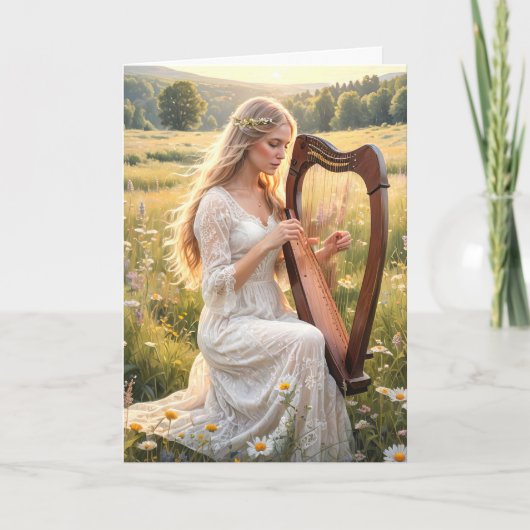 Vrouw die een harp in wilde bloemen speelt kaart (Voorkant)