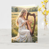 Vrouw die een harp in wilde bloemen speelt kaart (Gele Bloem)