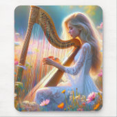 Vrouw die een harp in wilde bloemen speelt muismat (Voorkant)