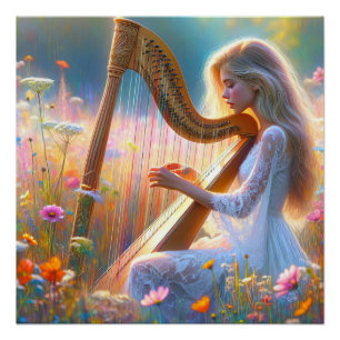 Vrouw die een harp in wilde bloemen speelt perfect poster