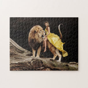 VROUW DIE EEN LION FANTASY JIGSAW PUZZLE RICHT LEGPUZZEL