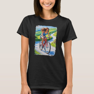 Vrouw die fietst in prachtig landschap t-shirt