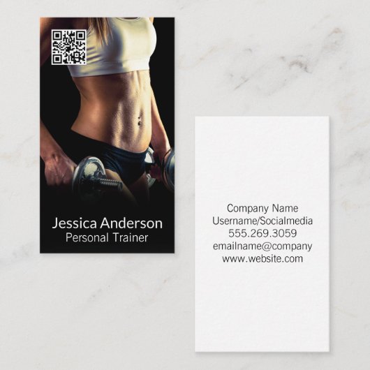 Vrouw die gewichten tilt | Fitness Trainer | QR Visitekaartje (Voorkant / Achterkant)