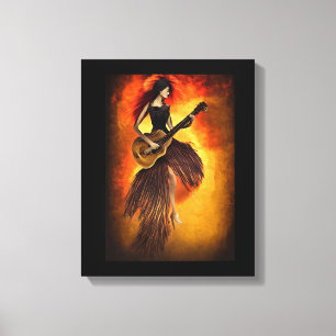 Vrouw die gitaar Red Sky Abstracte originele kunst Canvas Afdruk