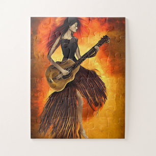 Vrouw die gitaar Red Sky Abstracte originele kunst Legpuzzel