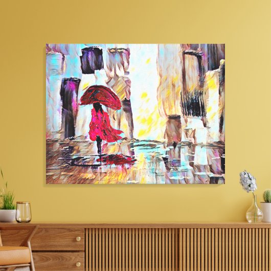 Vrouw die in de regen Abstracte kunst loopt Canvas Afdruk (Insitu (Woonkamer))