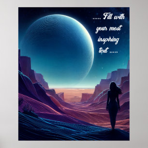 Vrouw die in de woestijn naar de maan kijkt poster