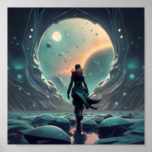 Vrouw die in een grot staat poster