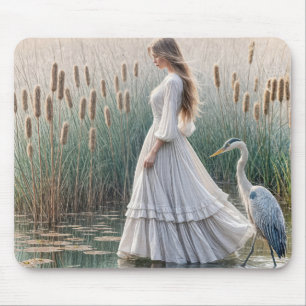Vrouw die met Blauwe Heron lopen Muismat