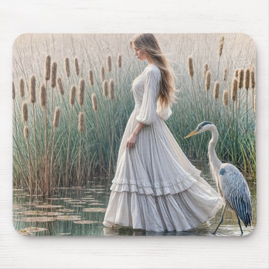 Vrouw die met Blauwe Heron lopen Muismat (Voorkant)