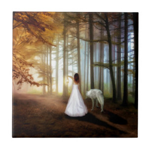 Vrouw die met een Wolf lopen Tegeltje