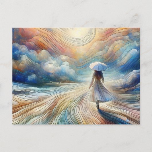 Vrouw die met paraplu loopt briefkaart (Voorkant)