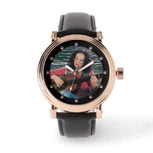 Vrouw die muziek speelt met akoestische gitaar horloge