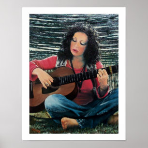 Vrouw die muziek speelt met akoestische gitaar poster