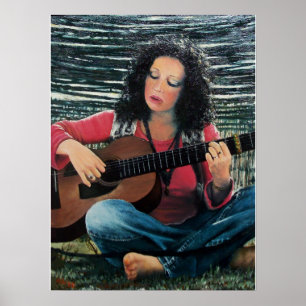 Vrouw die muziek speelt met akoestische gitaar poster