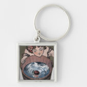 Vrouw die naar een houtsvat kijkt sleutelhanger (Voorkant)