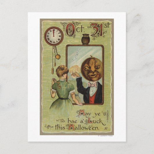 Vrouw die naar het Man van Pumpkin kijkt in Mirror Briefkaart (Voorkant)