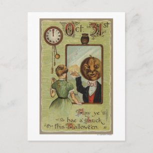 Vrouw die naar het Man van Pumpkin kijkt in Mirror Briefkaart