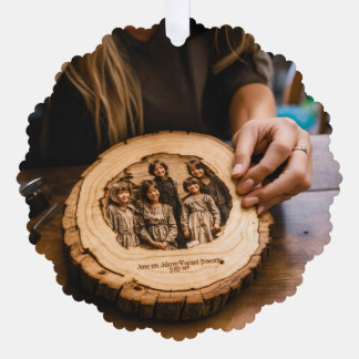 Vrouw die neerkijkt op een gravure van haar kinder ornament kaart