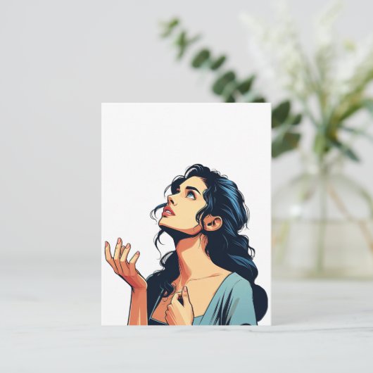 Vrouw die omhoog biddend aan de illustratiekunst v briefkaart (Staand voorkant)