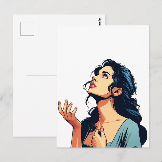 Vrouw die omhoog biddend aan de illustratiekunst v briefkaart (Voorkant / Achterkant)