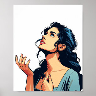 Vrouw die omhoog biddend aan de illustratiekunst v poster