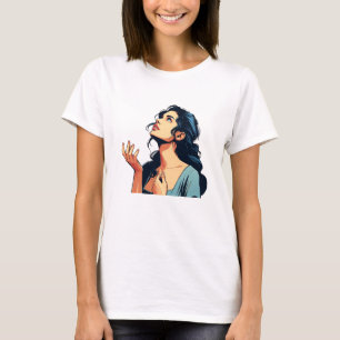 Vrouw die omhoog biddend aan de illustratiekunst v t-shirt