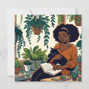 Vrouw die ontspant met kat, een goed boek en plant kaart