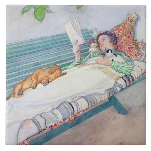 Vrouw die op een bank ligt, 1913 (m/c op papier) tegeltje (Voorkant)