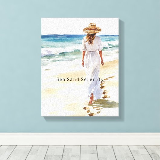 Vrouw die over het strand loopt canvas afdruk (Insitu (Houten vloer))