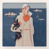   vrouw die Scotty Dog vasthoudt Glazen Onderzetter (Voorkant)