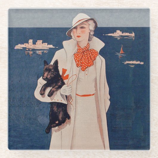   vrouw die Scotty Dog vasthoudt Glazen Onderzetter (Voorkant)