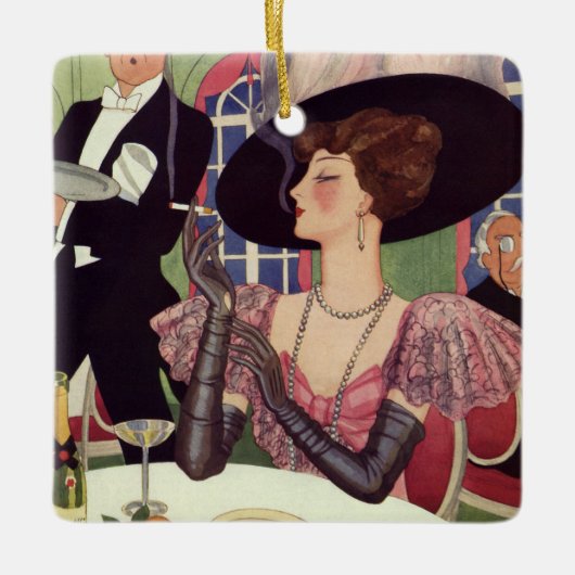  vrouw die sigaret rookt Drink champagne Keramisch Ornament (Voorkant)