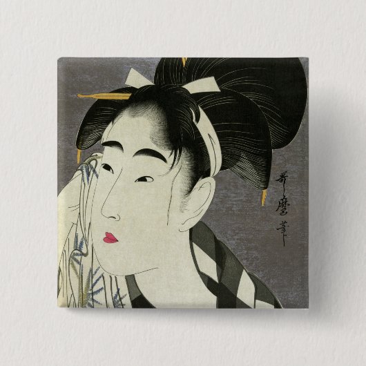 Vrouw die Sweat Utamaro Fine Japans kunstwerk wegv Vierkante Button 5,1 Cm (Voorkant)