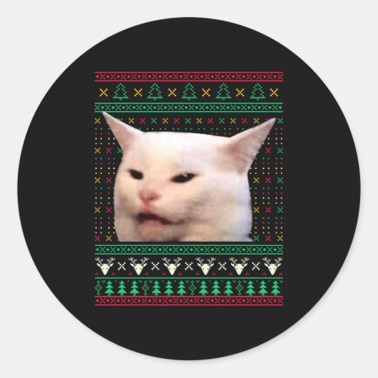 Vrouw die tegen een kat schreeuwt lelijke Kerstmut Ronde Sticker (Voorkant)