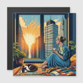 Vrouw die uit het raam kijkt en koffie drinkt (Voorkant / Achterkant)