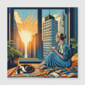 Vrouw die uit het raam kijkt en koffie drinkt (Voorkant)