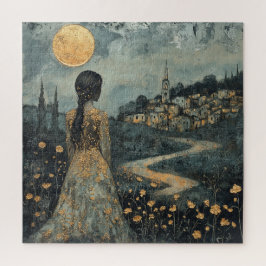 Vrouw die uitkijkt over de stad in het maanlicht legpuzzel