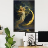 Vrouw die vliegt bij een gezicht van een halve maa poster (Thuiskantoor)