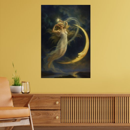 Vrouw die vliegt bij een gezicht van een halve maa poster (Woonkamer 2)