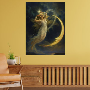 Vrouw die vliegt bij een gezicht van een halve maa poster