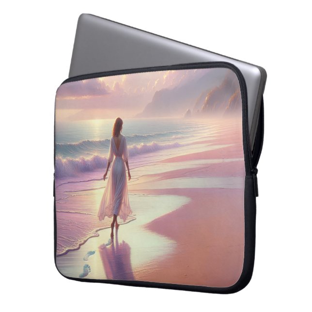  vrouw die voetafdrukken achterlaat op een strand laptop sleeve (Voorkant Links)
