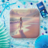  vrouw die voetafdrukken achterlaat op een strand papieren bordje (Feest)