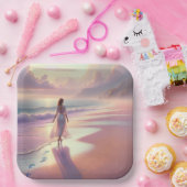  vrouw die voetafdrukken achterlaat op een strand papieren bordje (Feest)