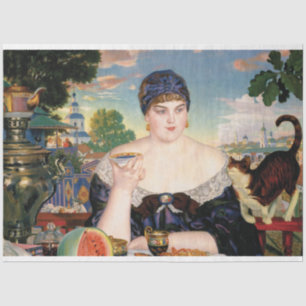 Vrouw die Watermeloen met Kat het Schilderen eet Tissuepapier