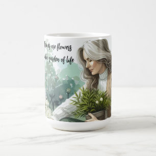 Vrouw die werkt in bloementuin Vriendschapsbericht Koffiemok