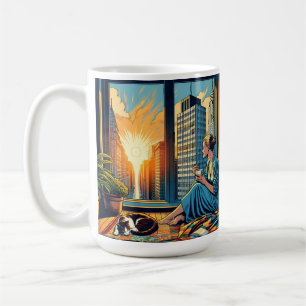 Vrouw die zonsopgang bekijkt met haar kat koffiemok