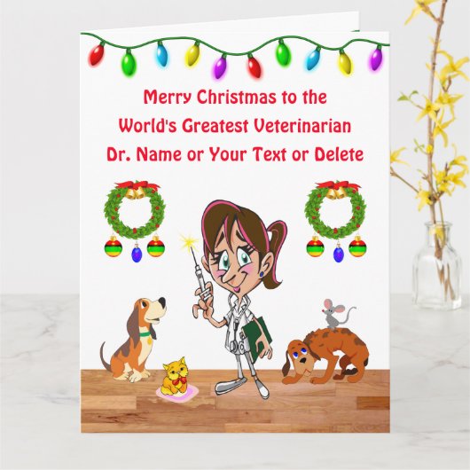 Vrouw Dierenarts Kerst Kaart GEPERSONALISEERD (Gele Bloem)