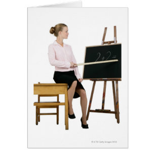 Vrouw docent aanwijsapparaat op het bord