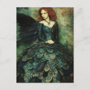 Vrouw draagt Donkergroene Fish Scale Dress Fantasy Briefkaart